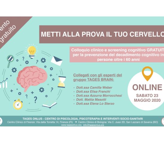 SETTIMANA DEL CERVELLO, tages, tages onlus, valutazione cognitiva, evento gratuito, over 60, decadimento cognitivo, screening cognitivo, neuropsicologia, tages brain, brain, cervello, neuropsichiatra, neuropsicologo, psicogeriatria