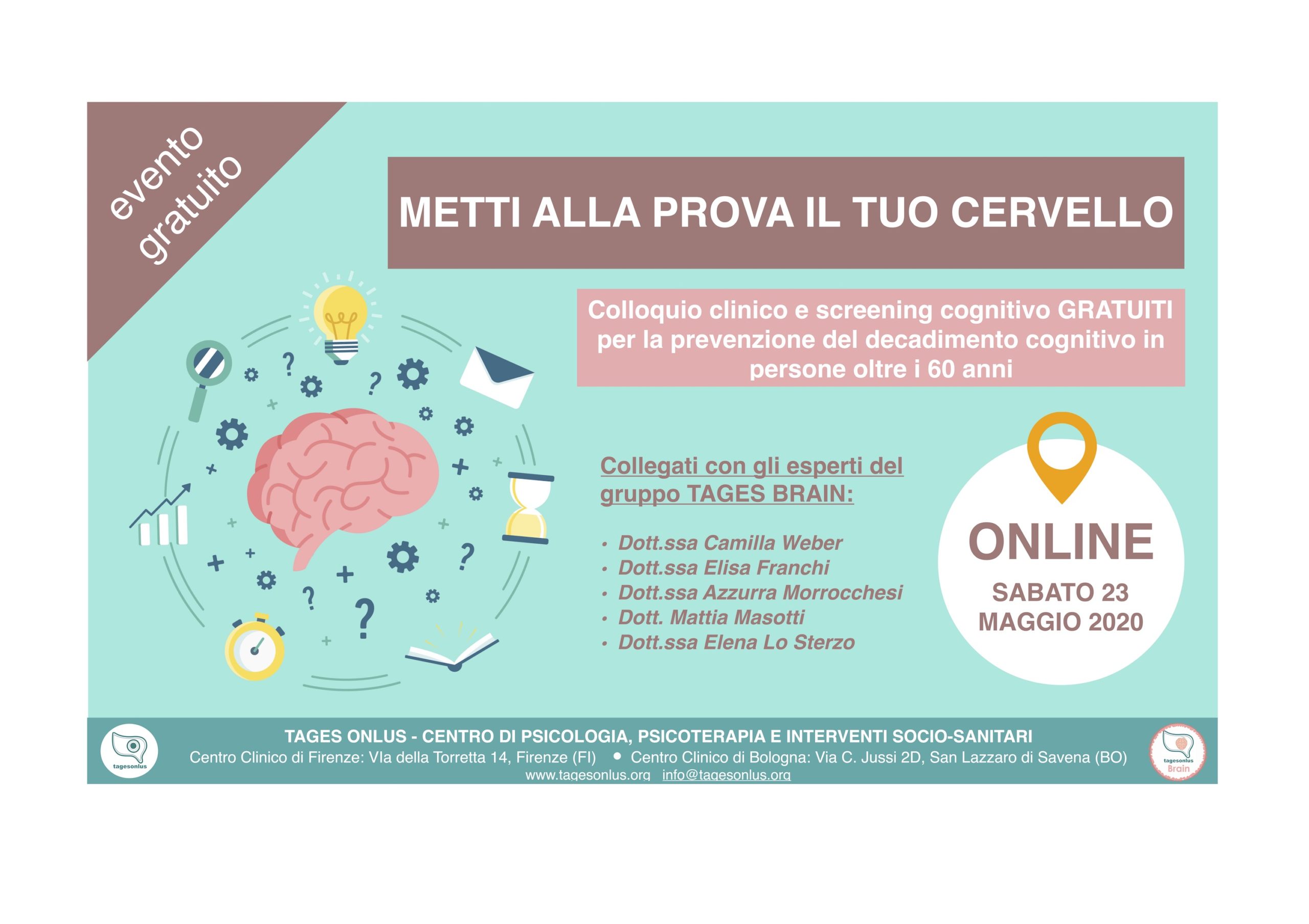 SETTIMANA DEL CERVELLO, tages, tages onlus, valutazione cognitiva, evento gratuito, over 60, decadimento cognitivo, screening cognitivo, neuropsicologia, tages brain, brain, cervello, neuropsichiatra, neuropsicologo, psicogeriatria